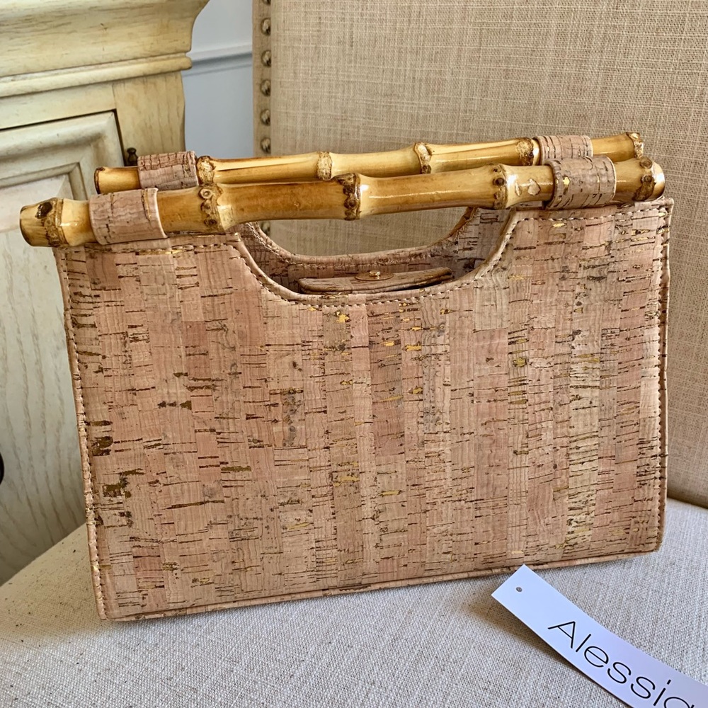 Alessia Beige  Handbag Cork Tote Bag Beige With Bamboo Handles NWT